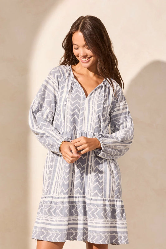 Tribal Puff Sleeve Ruffle Hem Dress