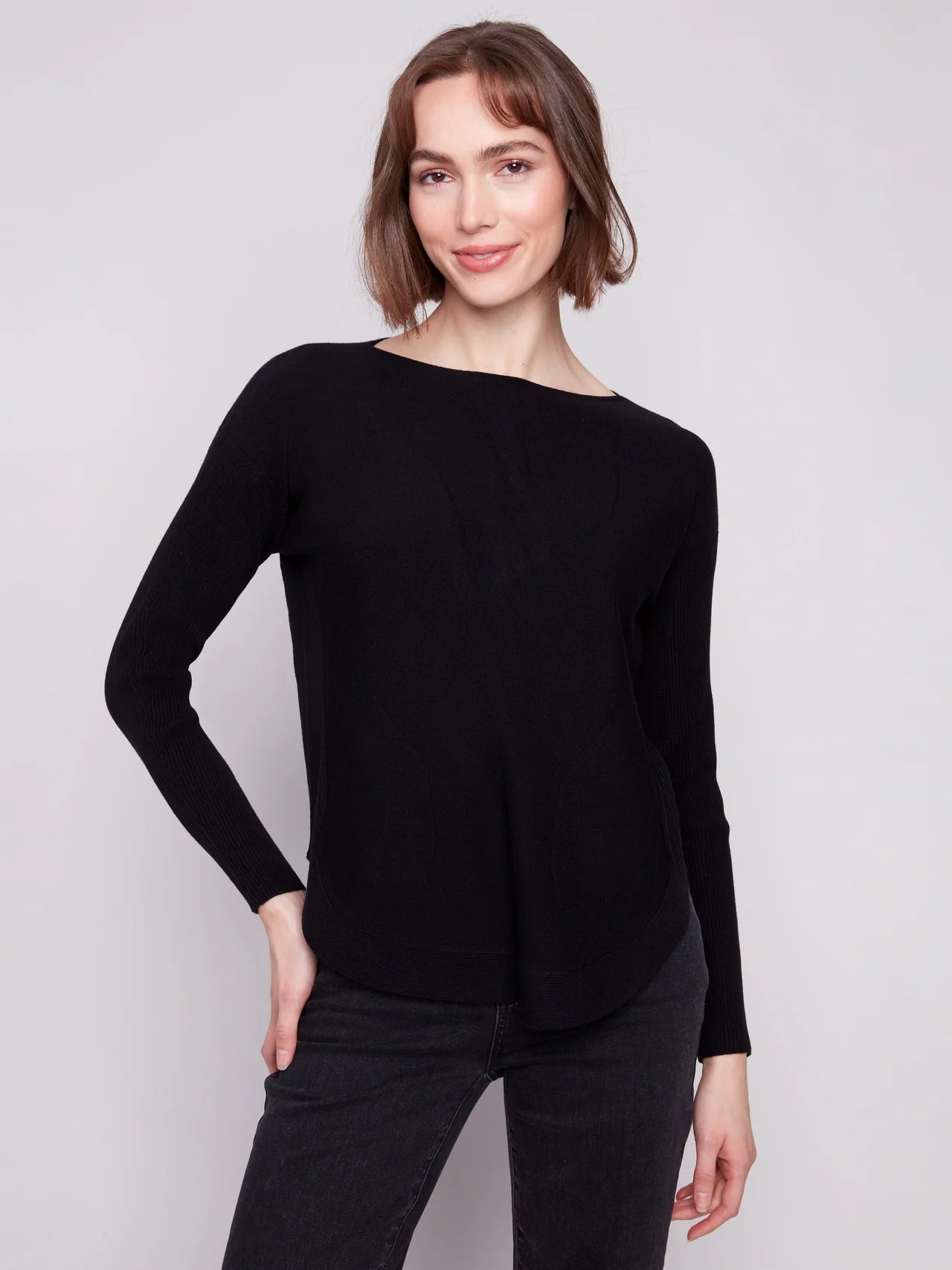 Knit Sweater With Back Lace-Up Detail - Black