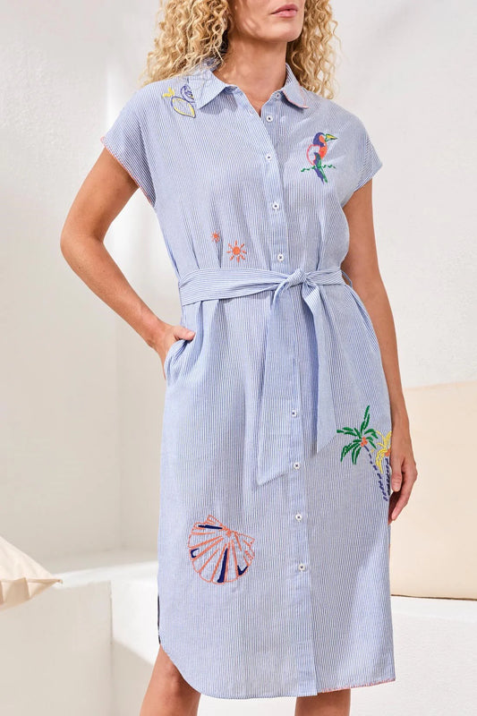 Tribal Embroidered Striped Shirt Dress