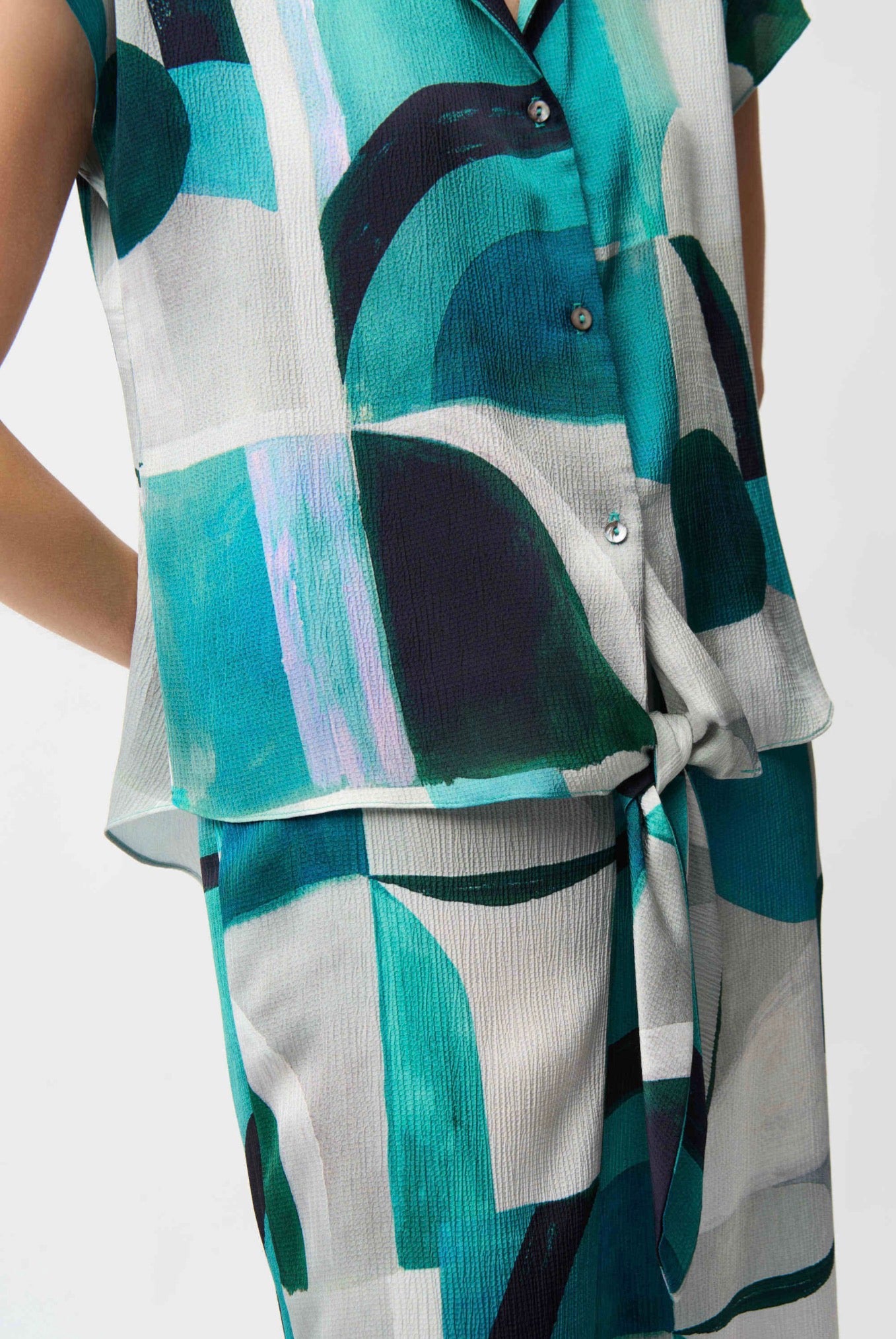 Joseph Ribkoff Textured Satin Geometric Print Boxy Top With Front Ties 261065