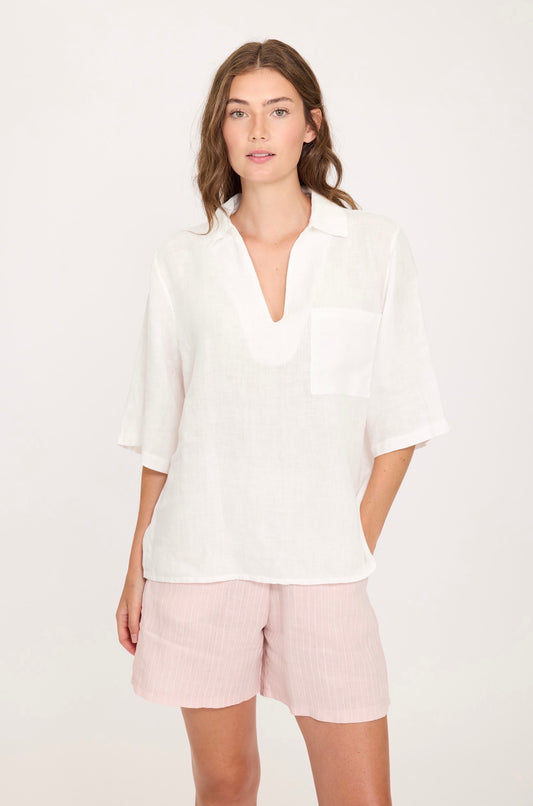 Pistache V-Neck Collared Linen Blouse White