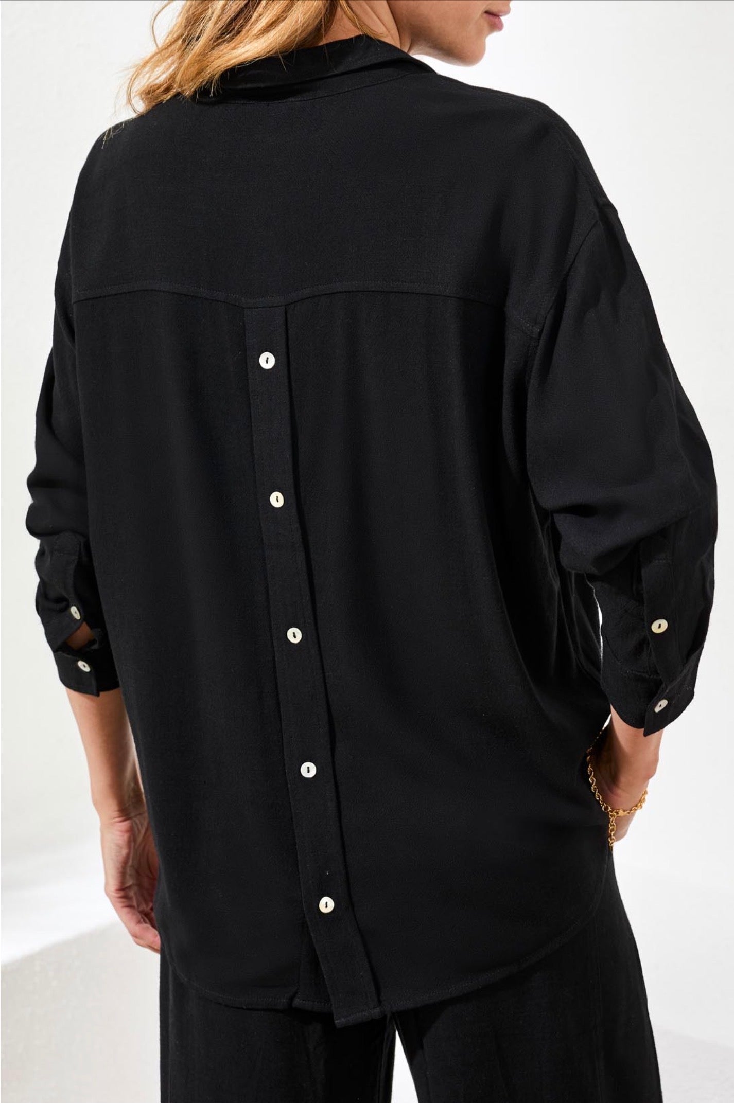 Tribal Linen Flowy Button Up Shirt Black