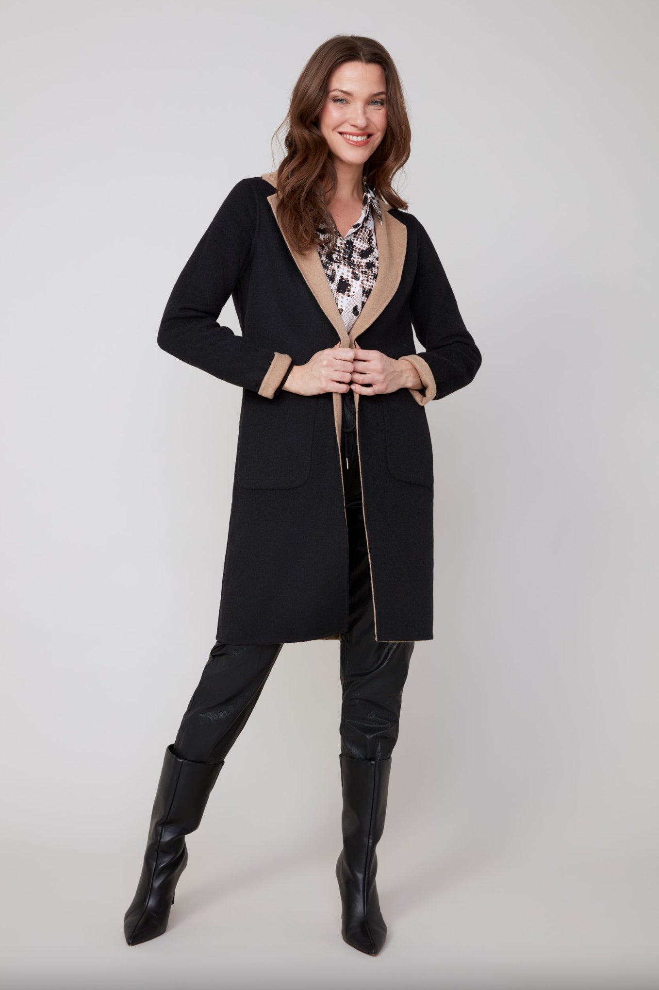 Renuar Reversible Long Wool Coat Black/Tan