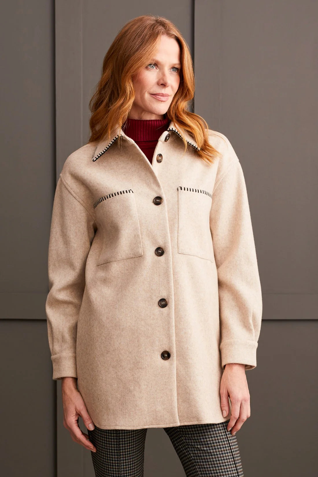 BUTTON-UP COAT WITH BLANKET STITCHING