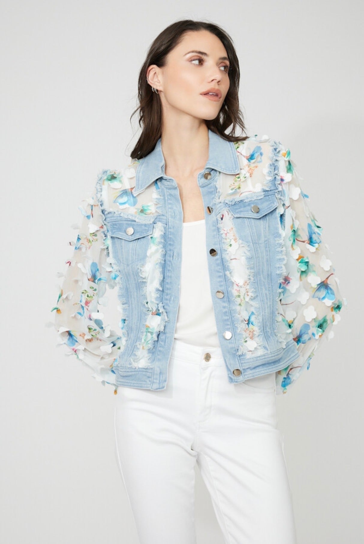 Frank Lyman Denim Floral Puff Sleeve Jacket Style 261601