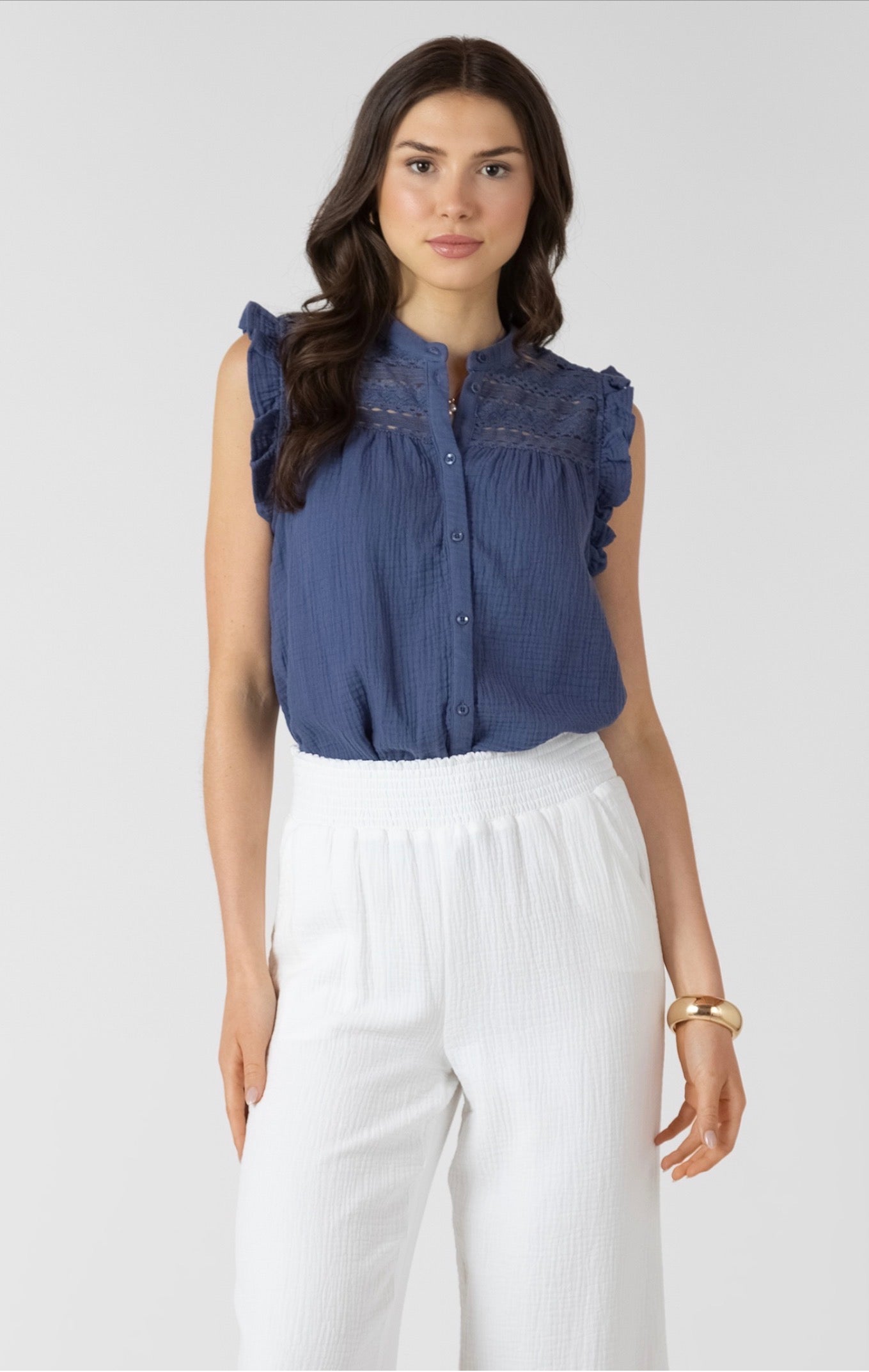 Dex Lace Insert Button Up Blouse Blue