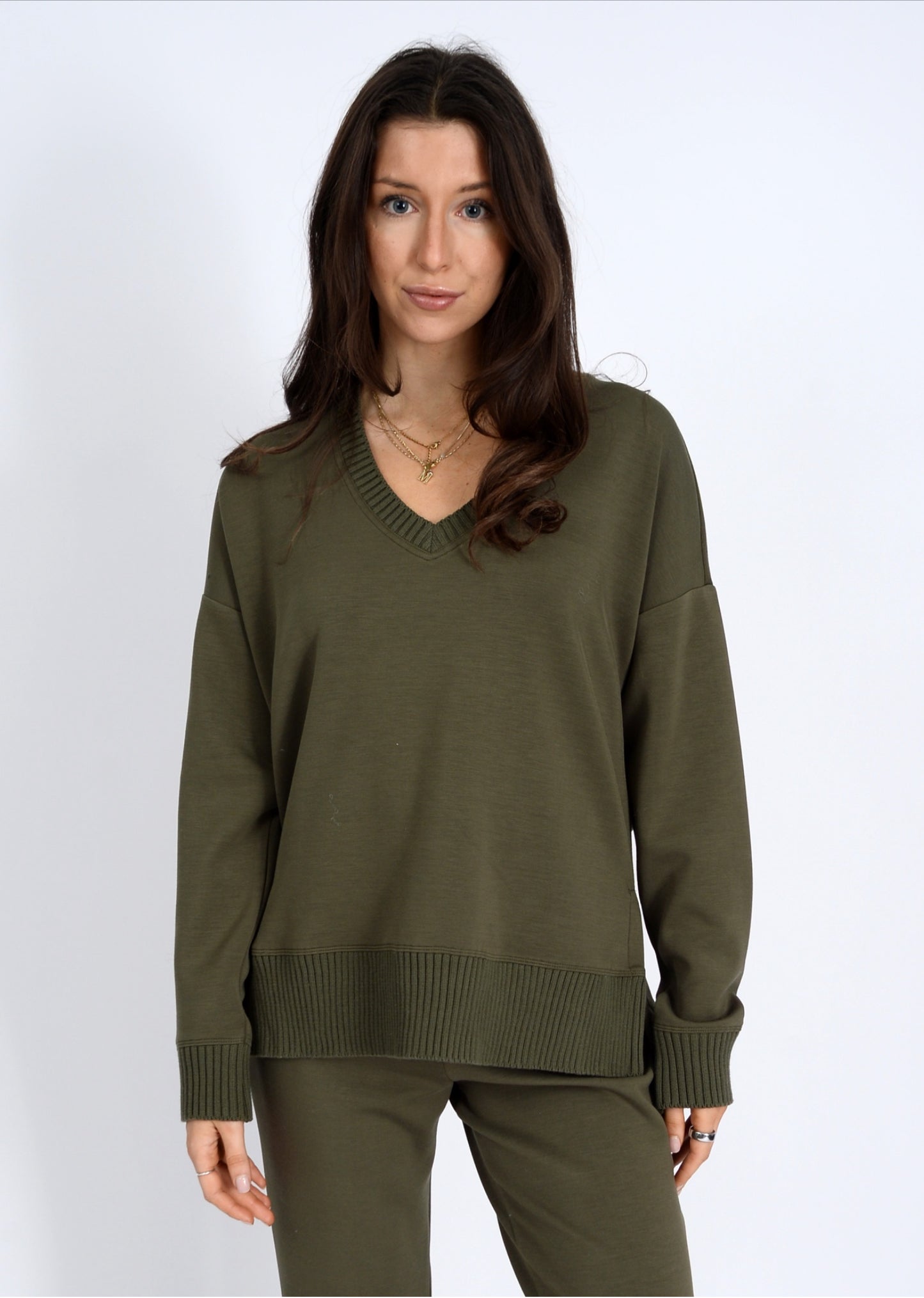 RD Style Vixie V-Neck Soft Knit Top Olive