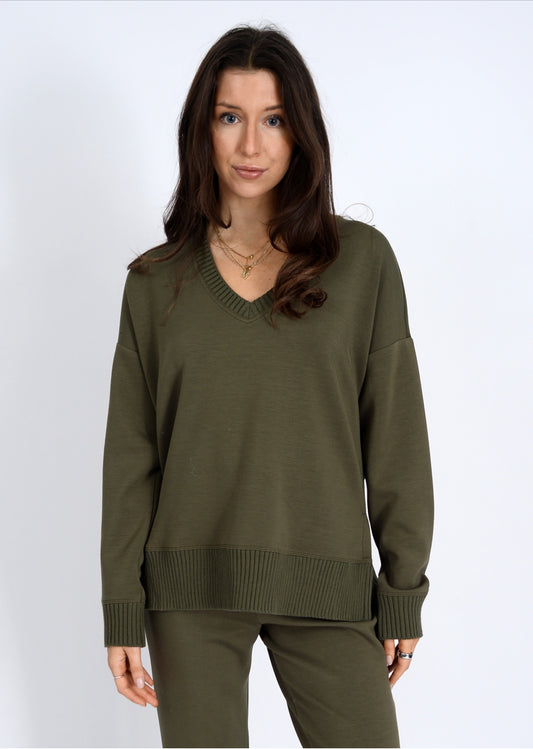 RD Style Vixie V-Neck Soft Knit Top Olive