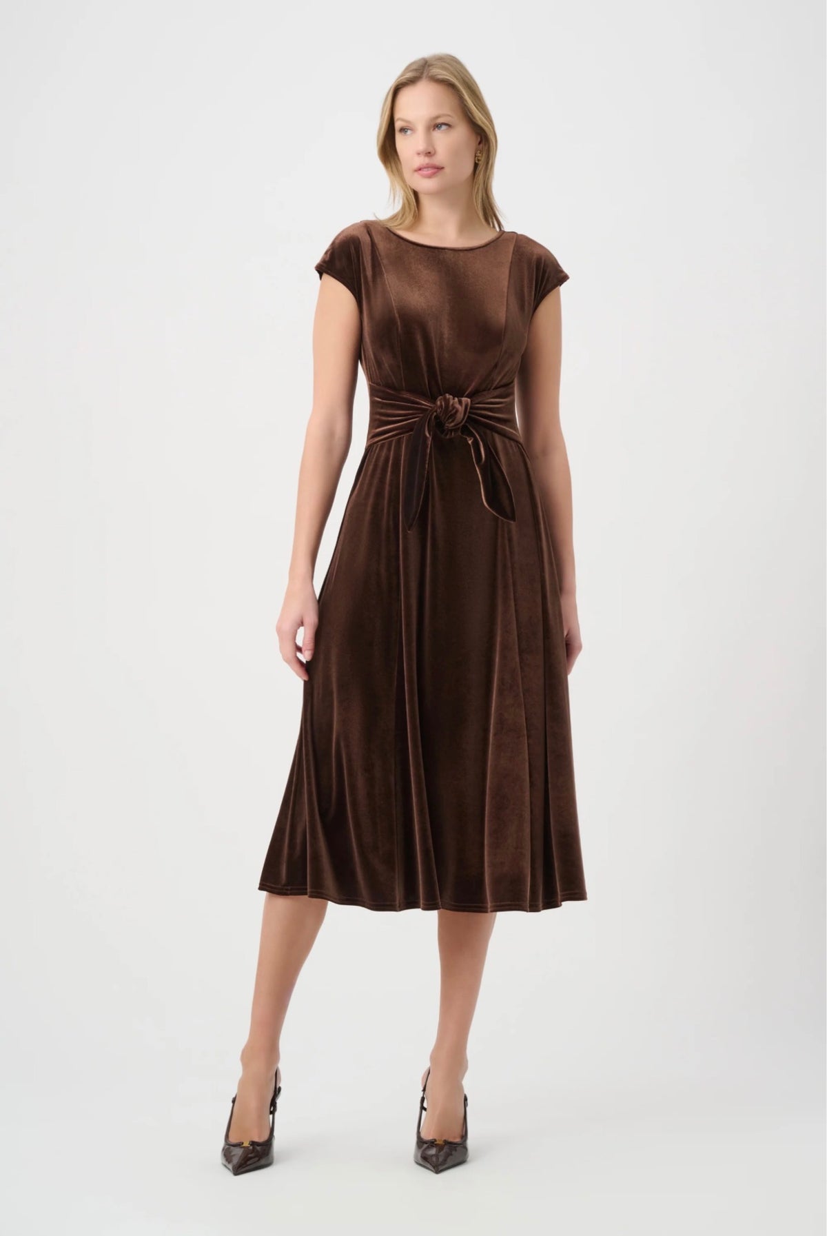 Joseph Ribkoff Velvet Fit & Flare Belted Dress Mahogany 264209