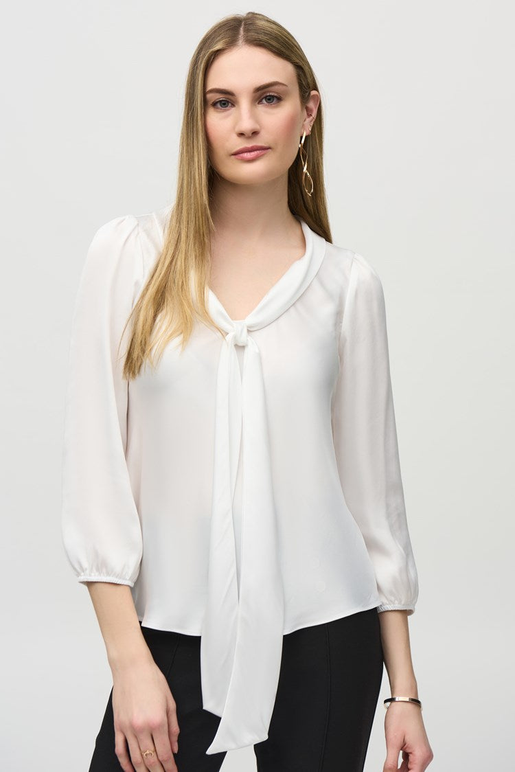 Joseph Ribkoff Satin Top with Bow Tie Neckline Vanilla 244077