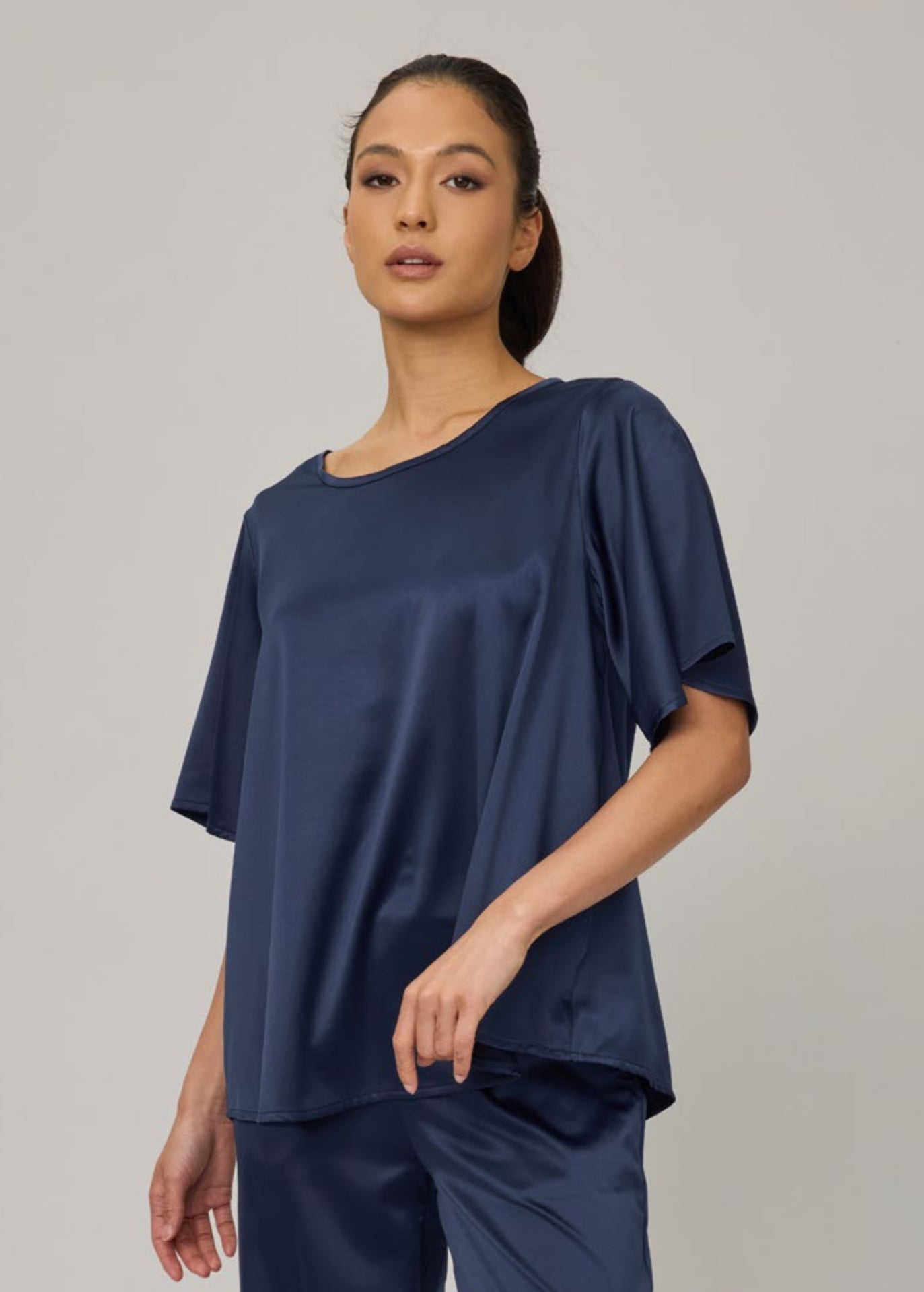 Pistache Satin Flutter Sleeve Top Navy