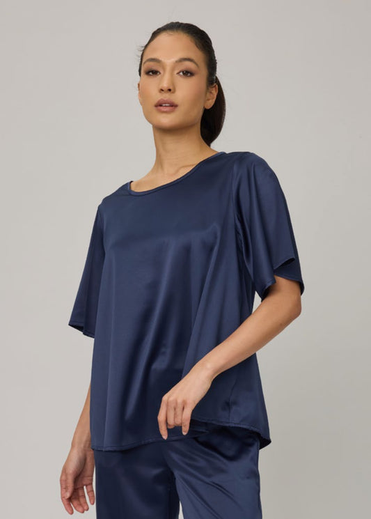 Pistache Satin Flutter Sleeve Top Navy