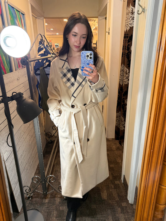 Normann Long Belted Wool Trench Coat Cream