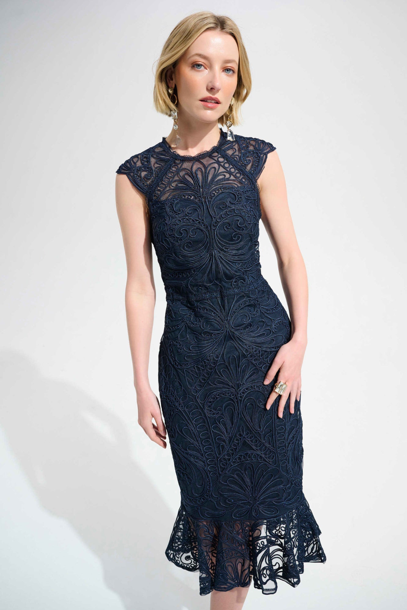 Joseph Ribkoff Guipure Soutache Trumpet Dress With Ruffle Hem 261740