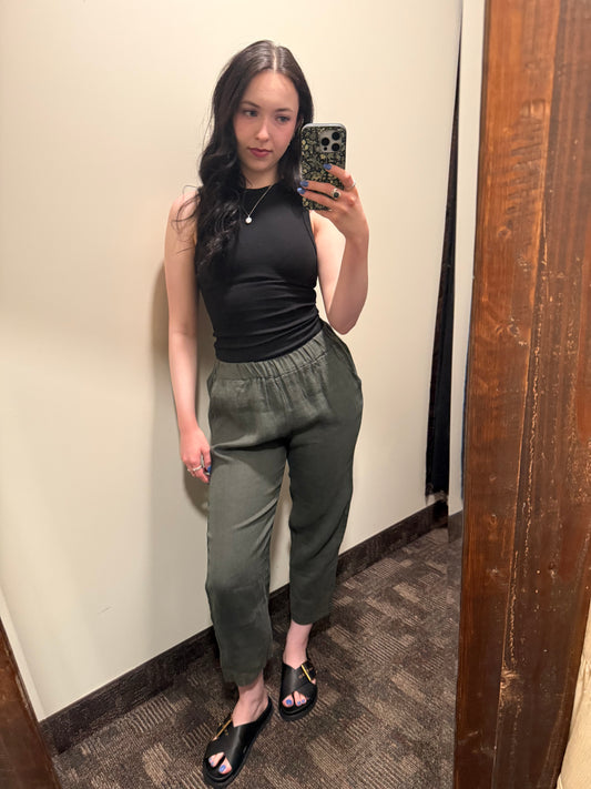 Pistache Linen Barrel Pants Military Green