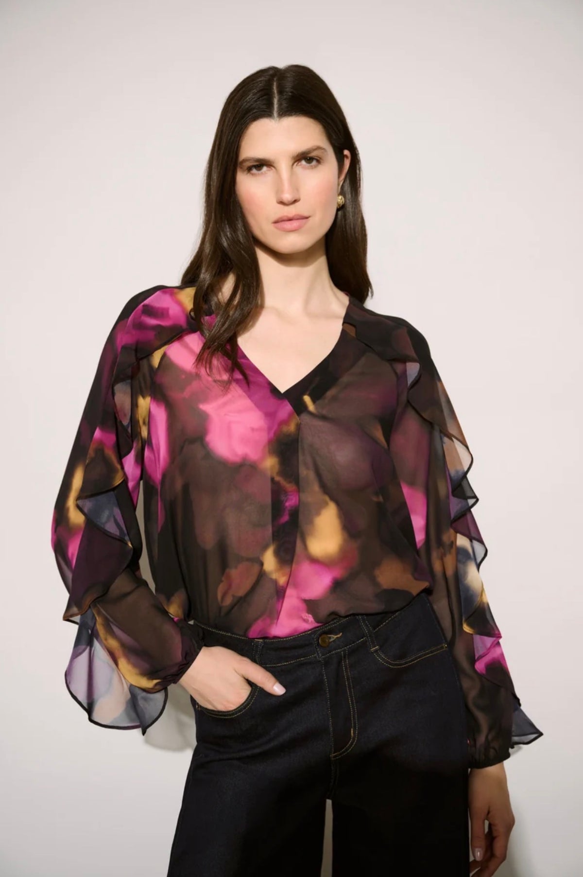 Joseph Ribkoff Edit 57 Floral Chiffon V-Neck Ruffle Top