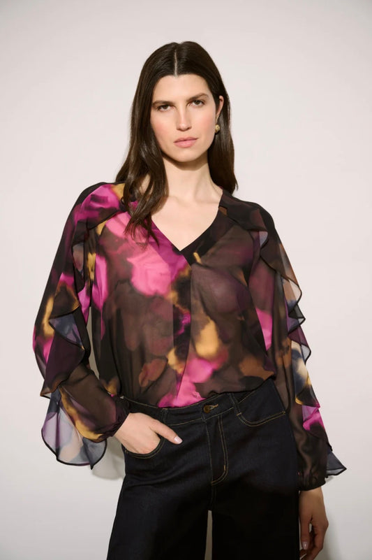 Joseph Ribkoff Edit 57 Floral Chiffon V-Neck Ruffle Top