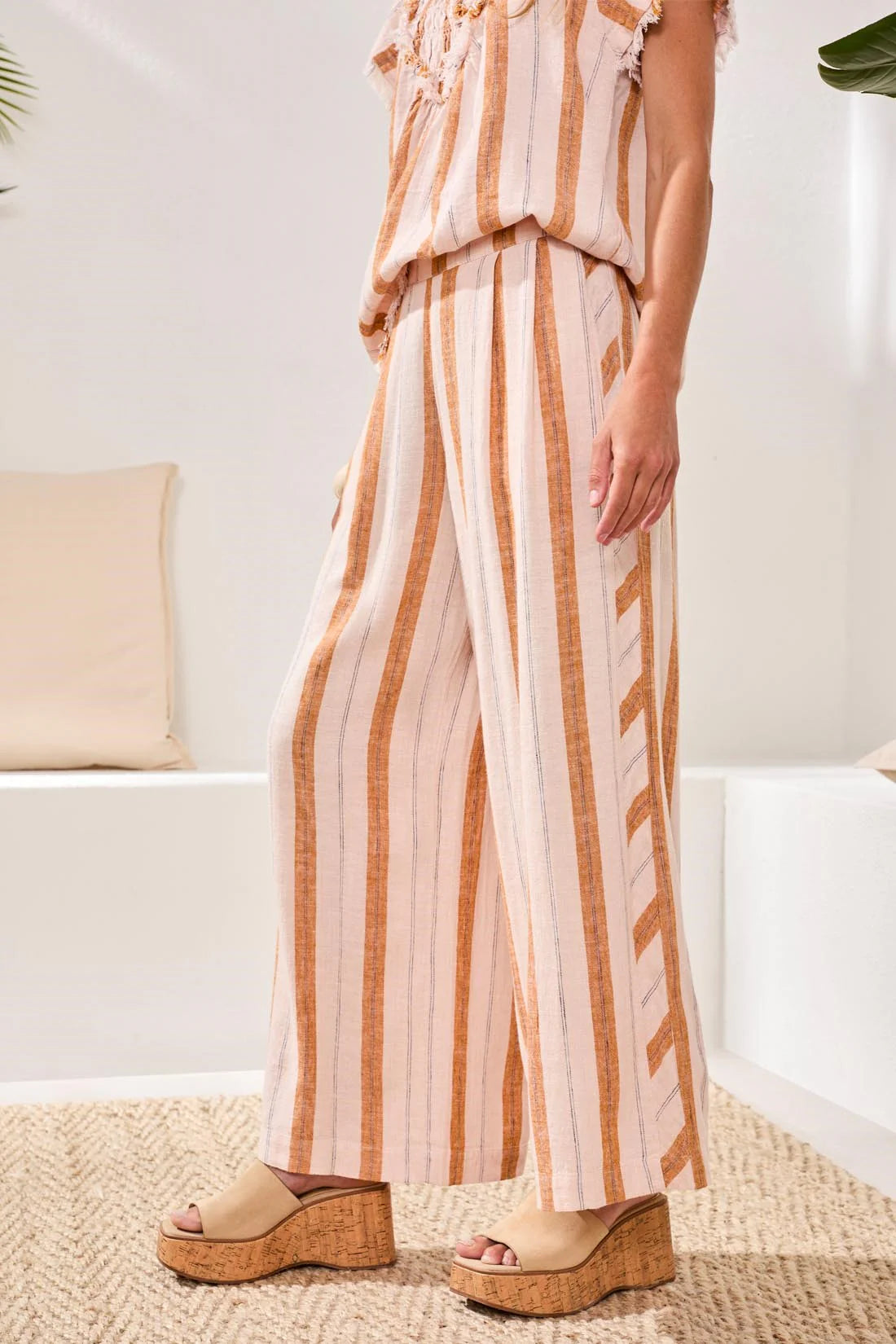 Tribal Linen Flowy Wide Leg Stripe Pants