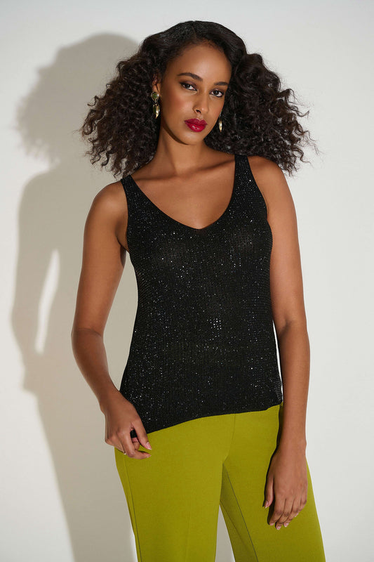 Joseph Ribkoff Metallic Knitted Camisole with Rhinestones Black