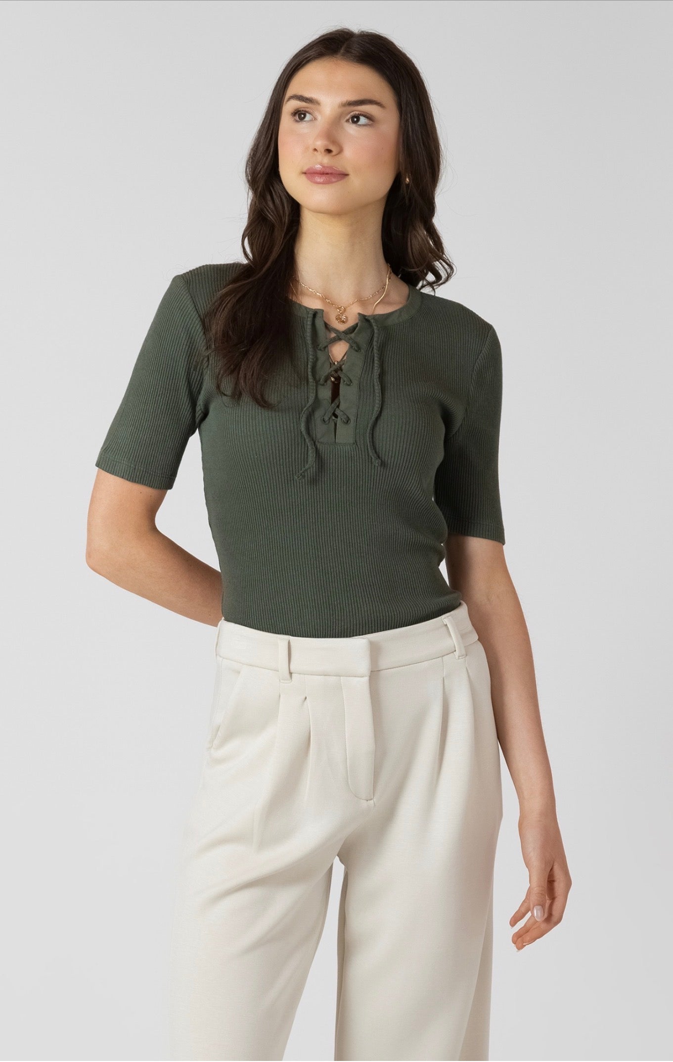 Dex Ribbed Lace Up Top Ivy