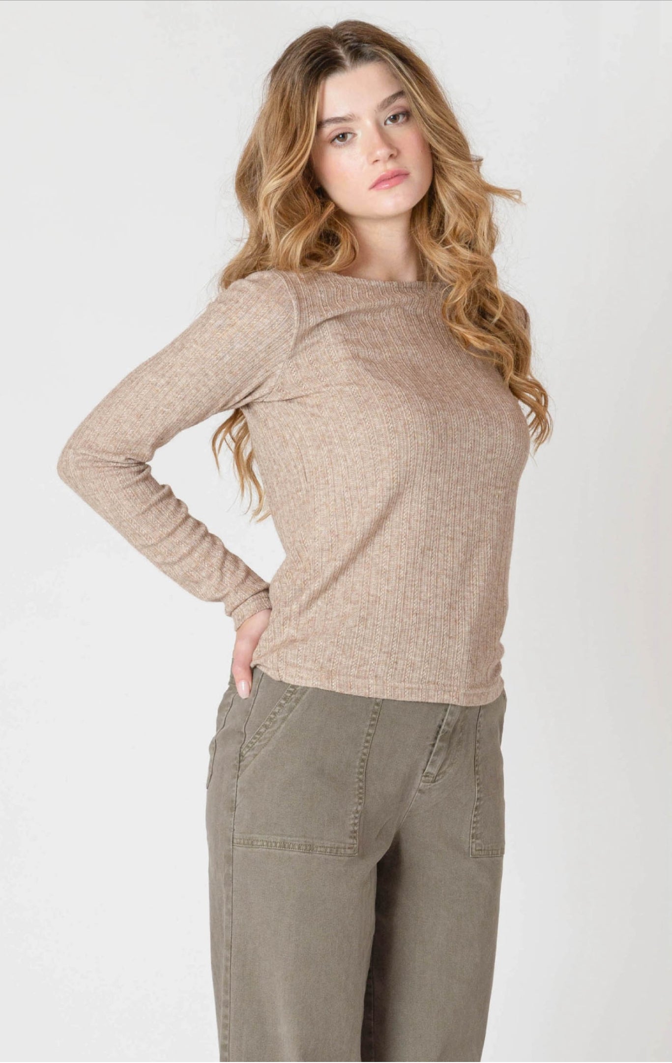 Room 34 Boatneck Textired Top Heather Taupe