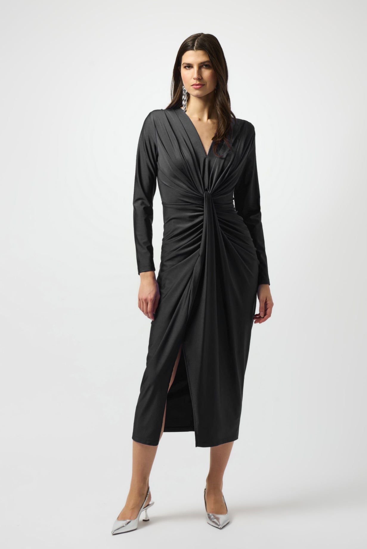 Joseph Ribkoff Satin Effect Knit Draped V-Neck Sheath Dress Black 253714