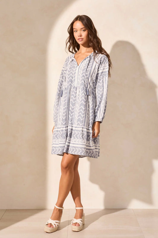 Tribal Puff Sleeve Ruffle Hem Dress