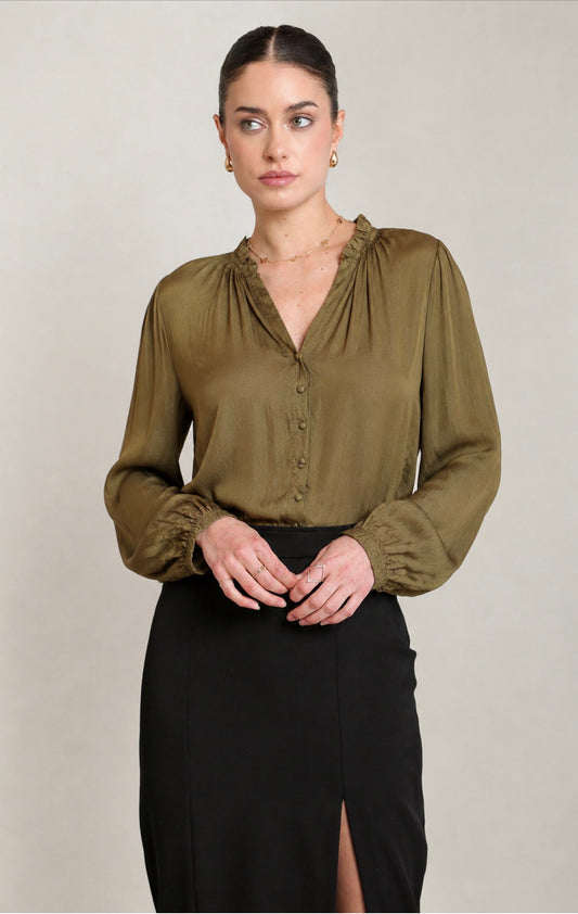Black Tape Button Front Blouse Olive