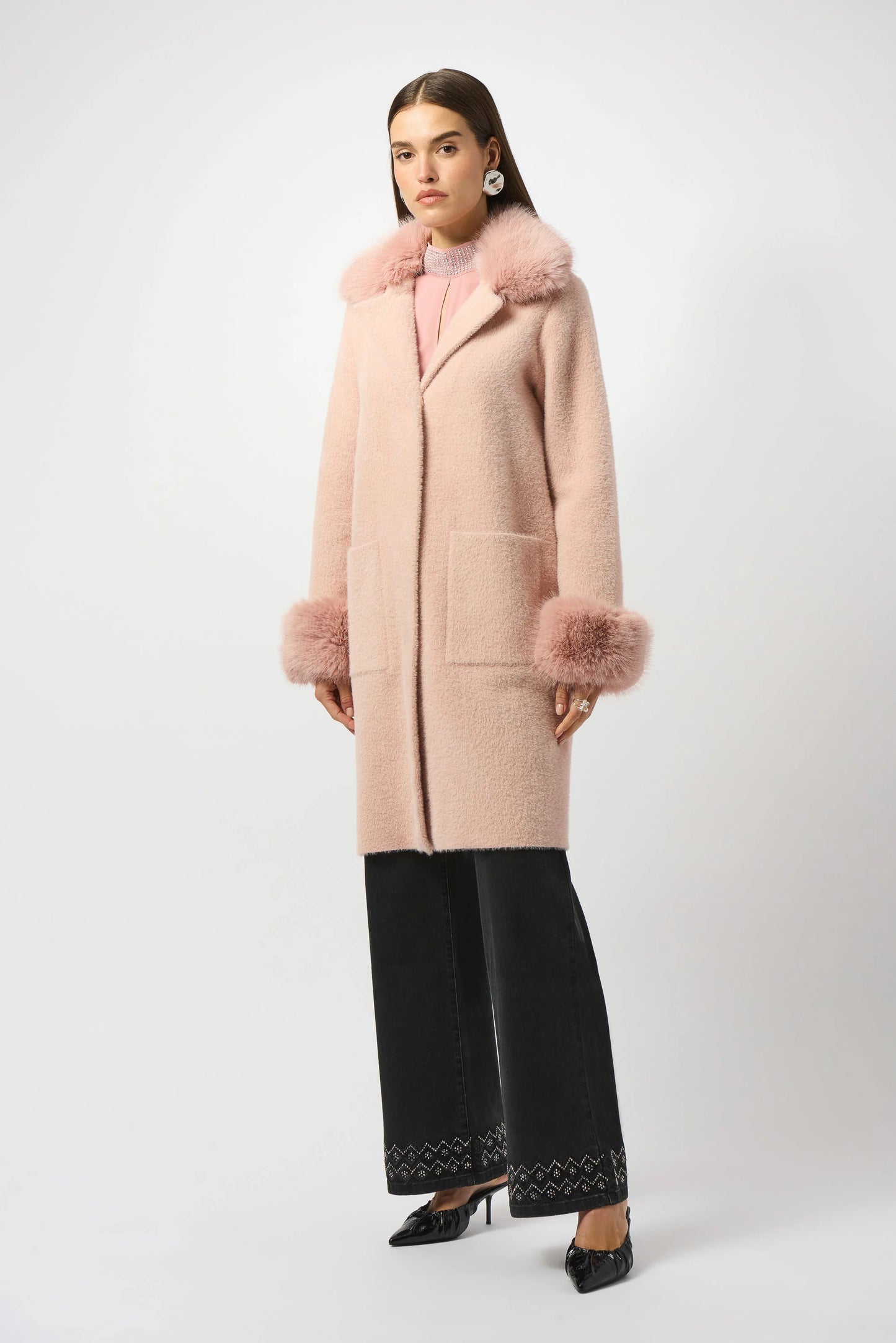 Feather Yarn and Faux Fur Sweater Coat
243923F25