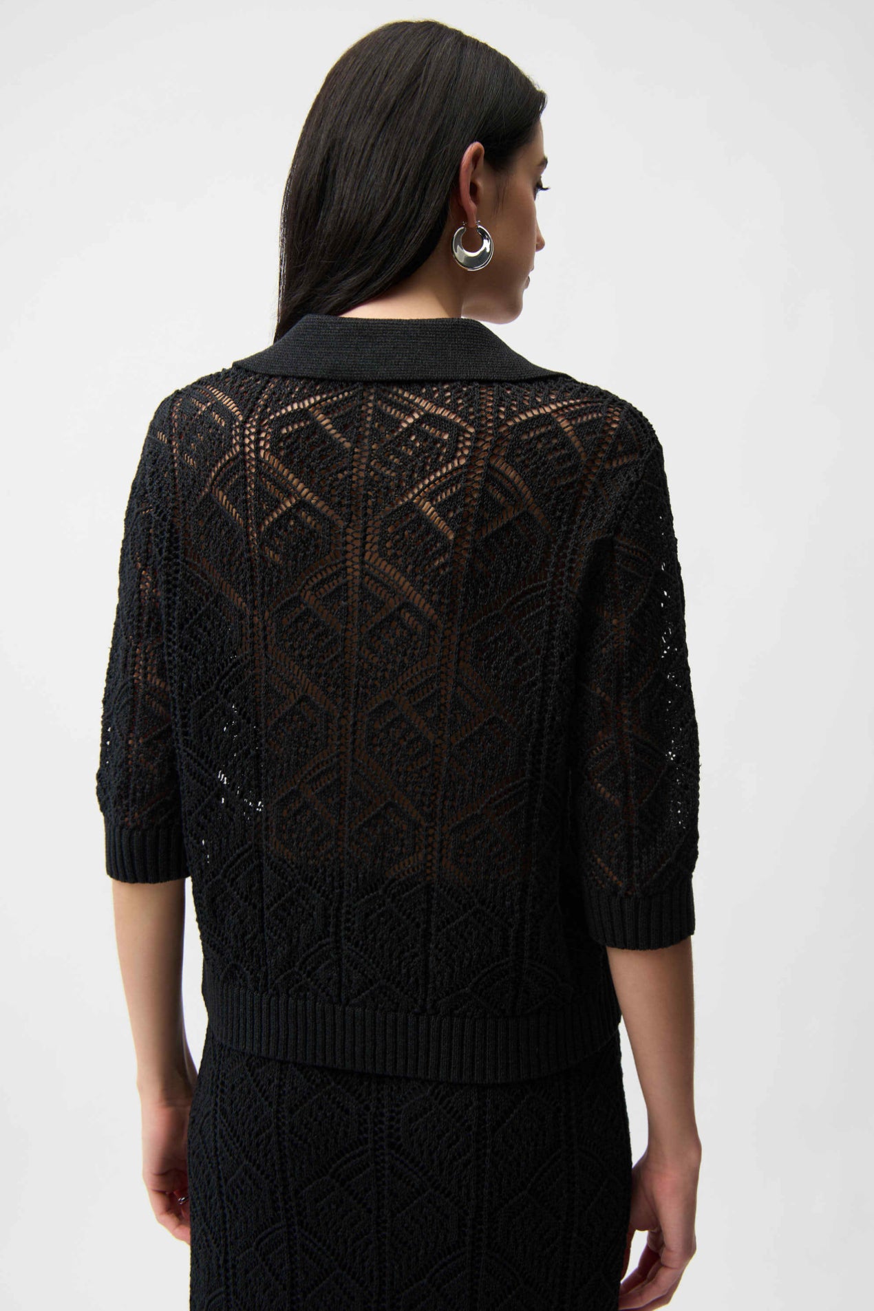 Joseph Ribkoff Cotton Blend Open Stitch Sweater with Polo Collar 261929