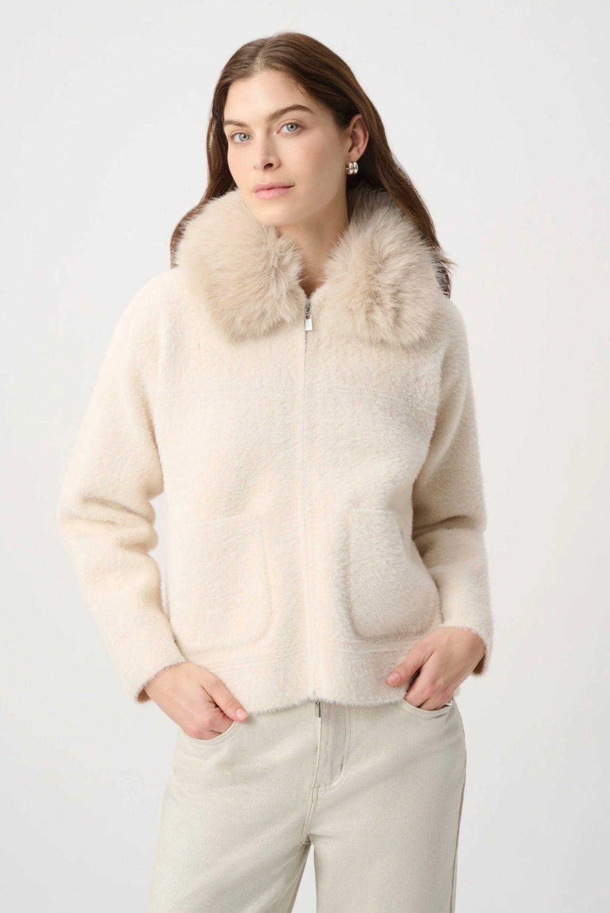 Joseph Ribkoff Detachable Faux Fur Collar Jacket Birch 264920