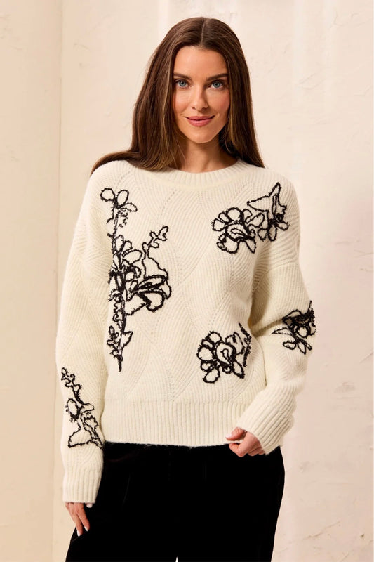 Tribal Flower Embroidered Knit Sweater