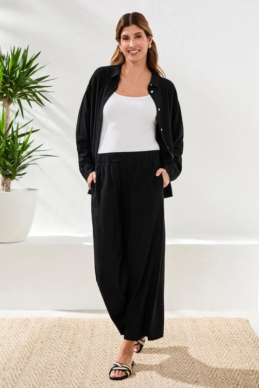 Tribal Linen Flowy Wide Ankle Pants Black