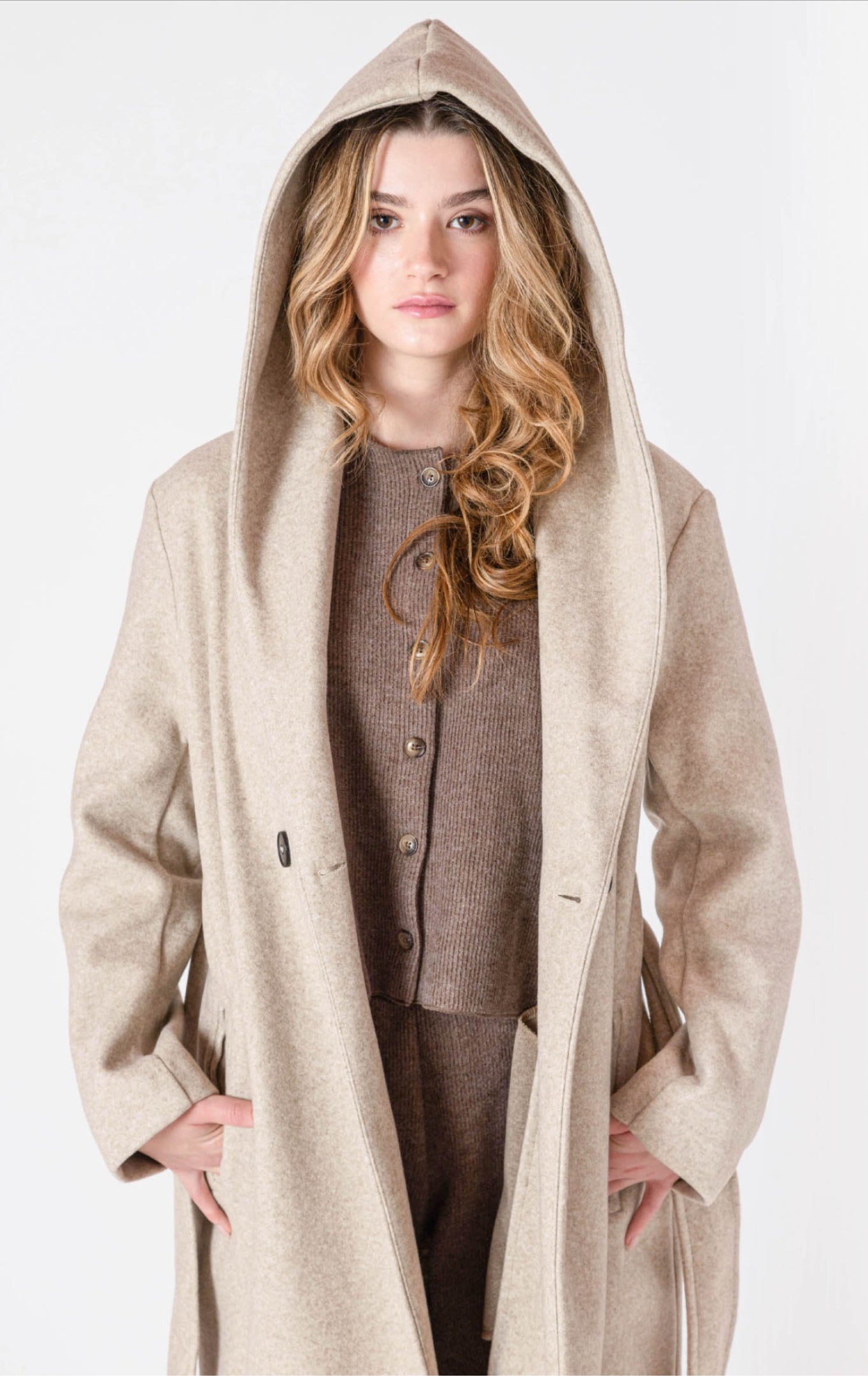 Room 34 Belted Hooded Coat Stone