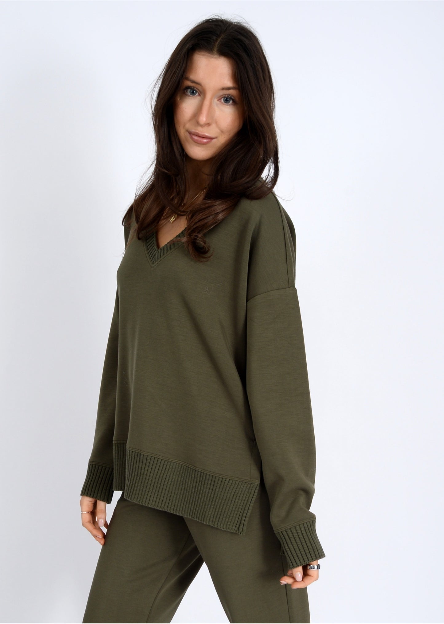 RD Style Vixie V-Neck Soft Knit Top Olive