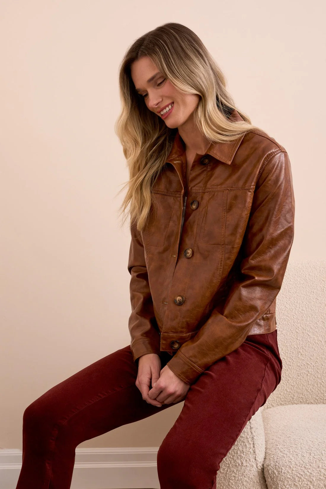 Tribal Faux Leather Button Up Jacket Ginger Spice