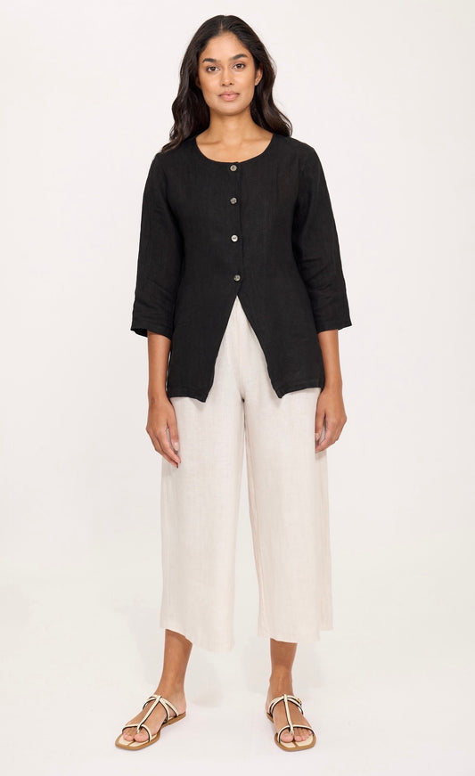 Pistache Rounded Open Botton Linen Top Black