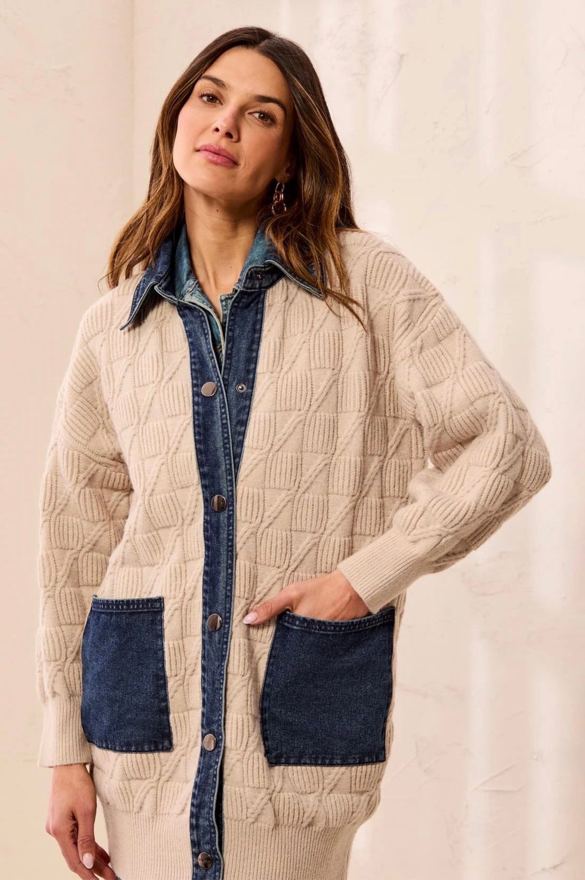 Tribal Cable Knit Denim Collar Coatigan