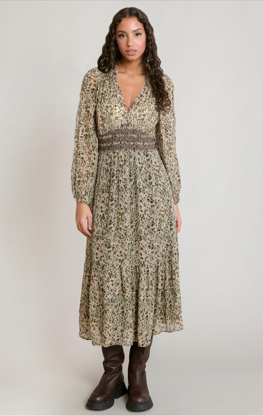 Dex Smocked Waist Dress Ecru Leopard