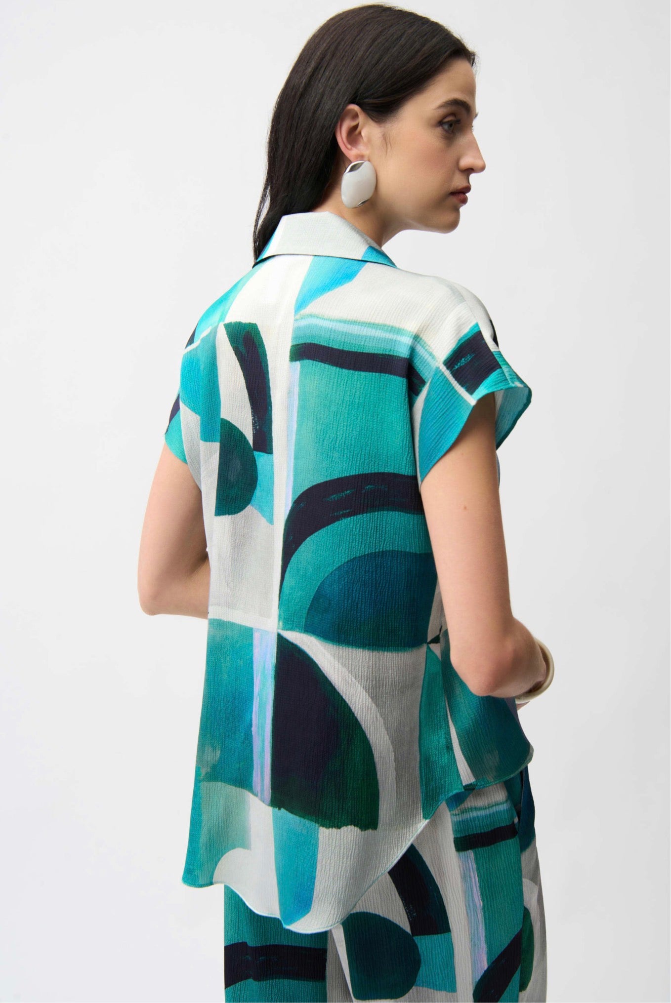 Joseph Ribkoff Textured Satin Geometric Print Boxy Top With Front Ties 261065