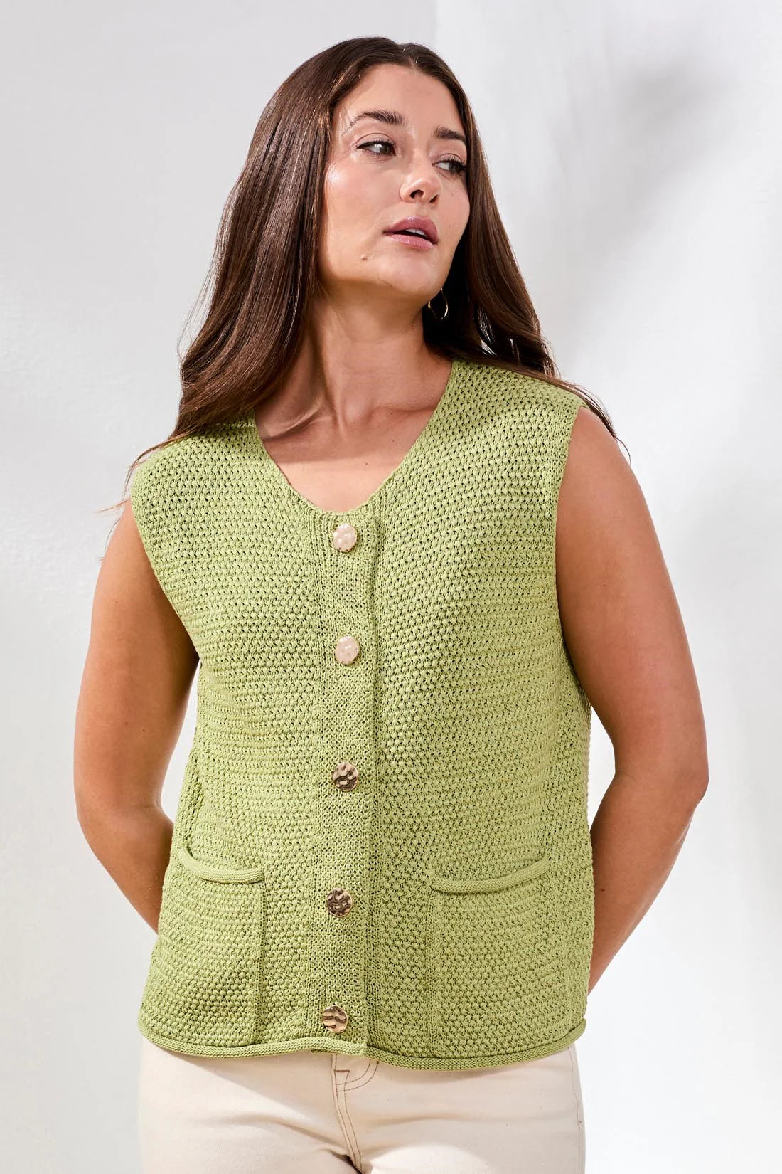 Tribal Gold Button Sweater Vest Kiwi