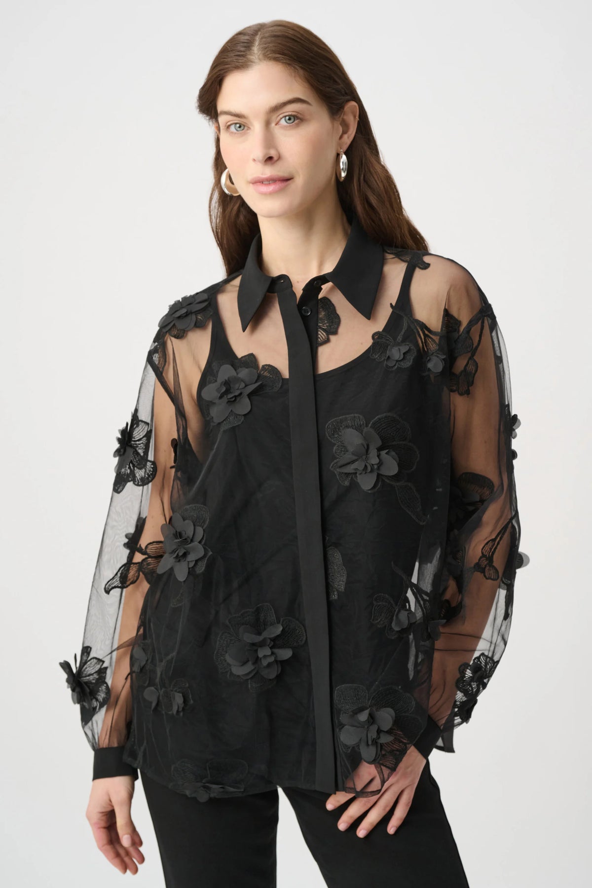 Sheer Textured Flower Appliqué Blouse264945Hots