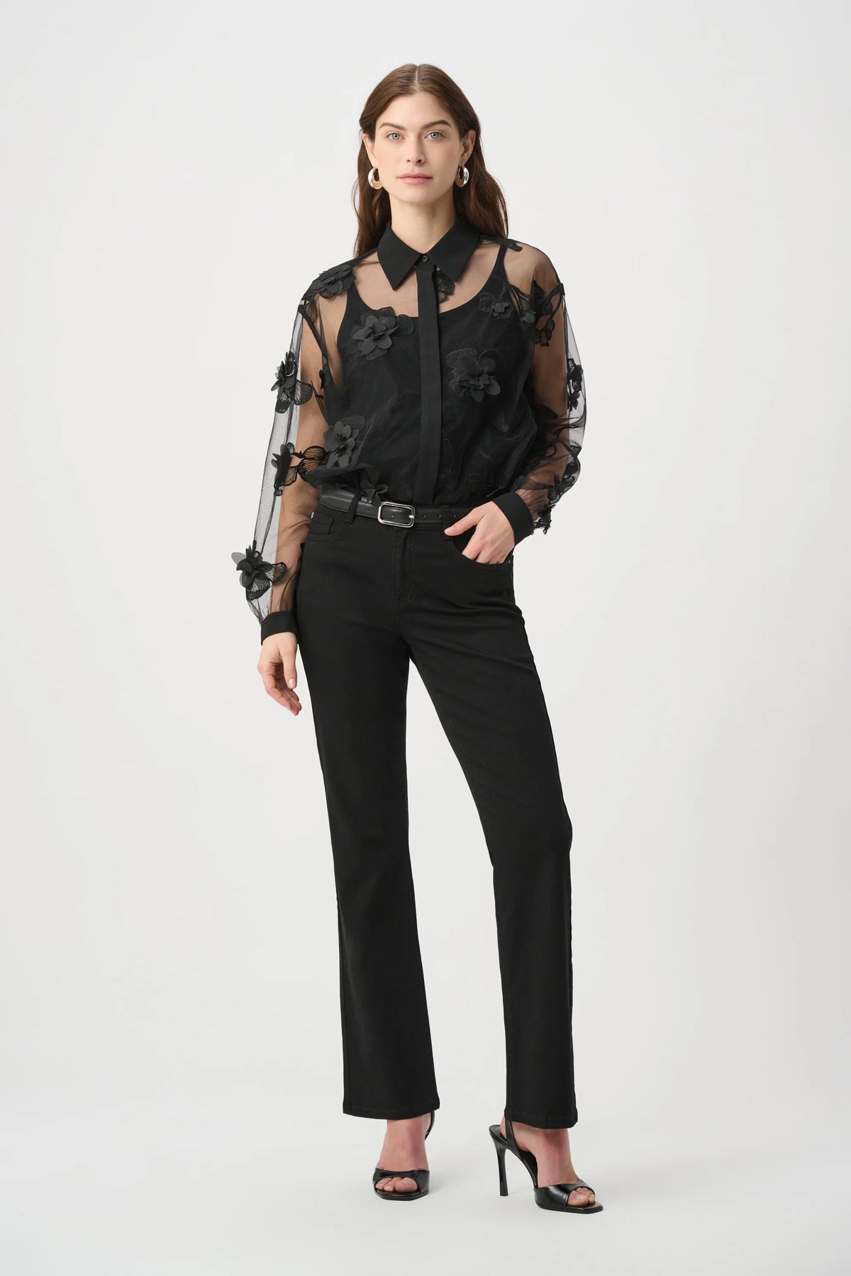 Sheer Textured Flower Appliqué Blouse264945Hots